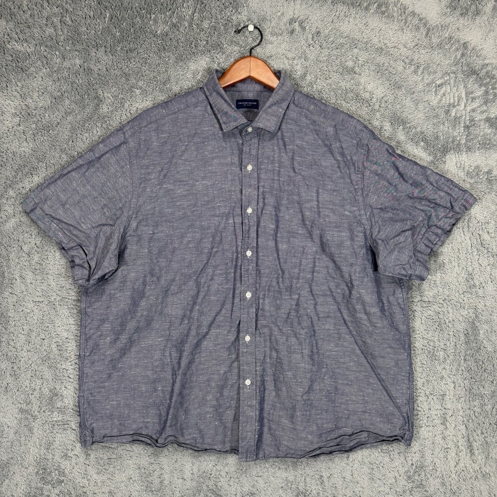 Proper Cloth Shirt Mens XL Blue Linen Blend Short‎ Sleeve Button Up